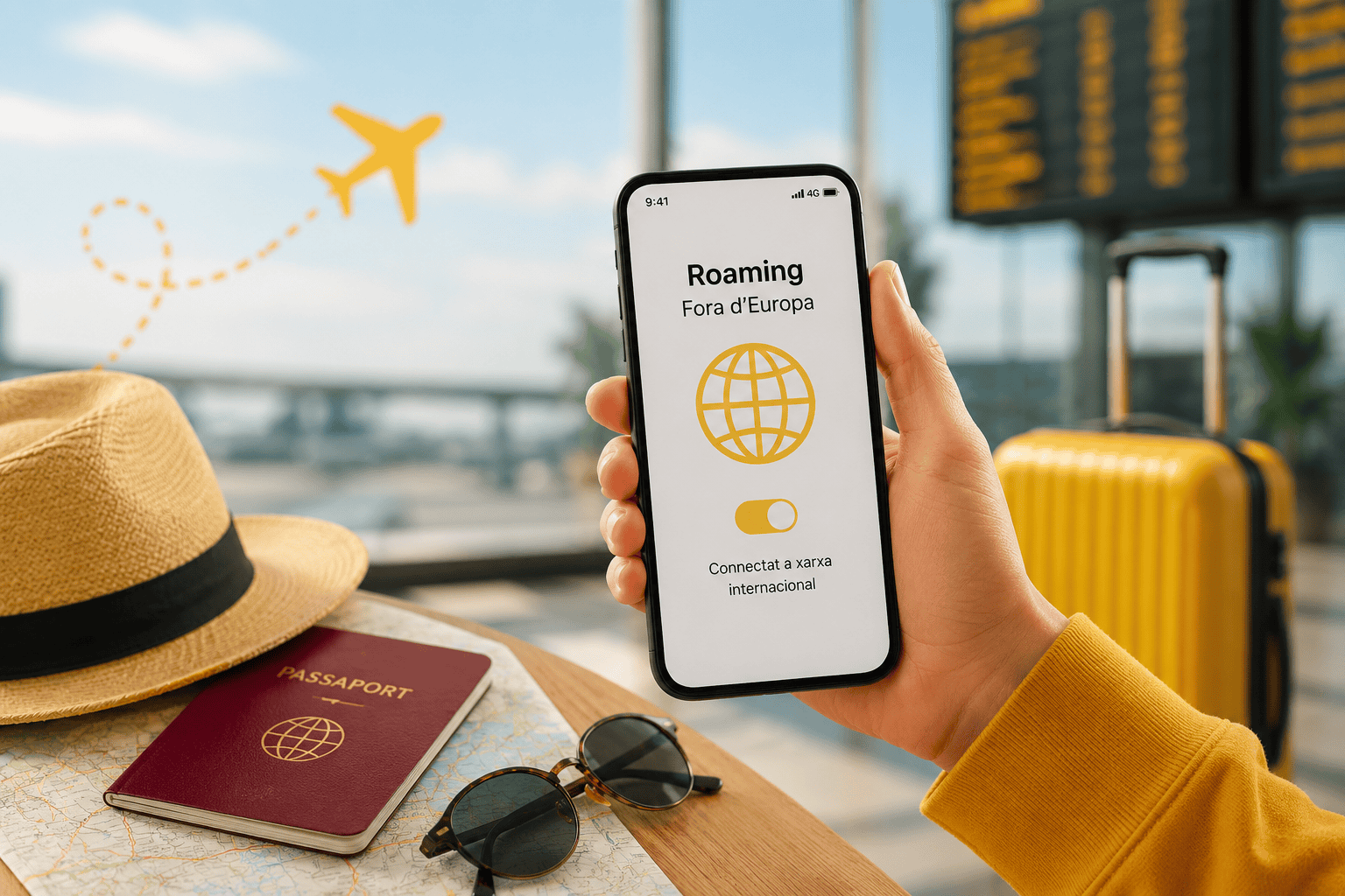 Persona consultant el roaming fora d’Europa des del mòbil en un aeroport abans de viatjar.