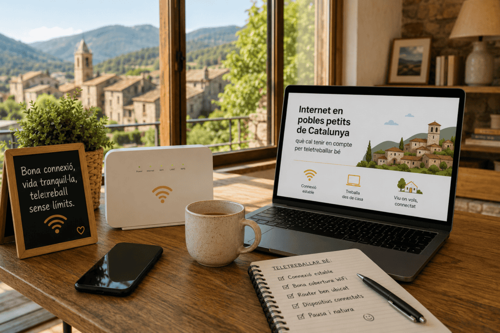 Espai de teletreball en una casa d’un poble petit de Catalunya amb portàtil, router WiFi i vista al nucli rural, representant una connexió estable per treballar a distància.