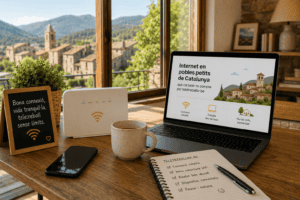 Espai de teletreball en una casa d’un poble petit de Catalunya amb portàtil, router WiFi i vista al nucli rural, representant una connexió estable per treballar a distància.
